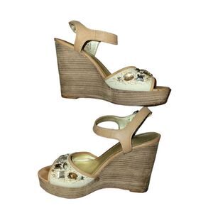 Coach Hanson Jeweled Bling Rhinestone Nude Brown Platform High Wedges Sandals 8